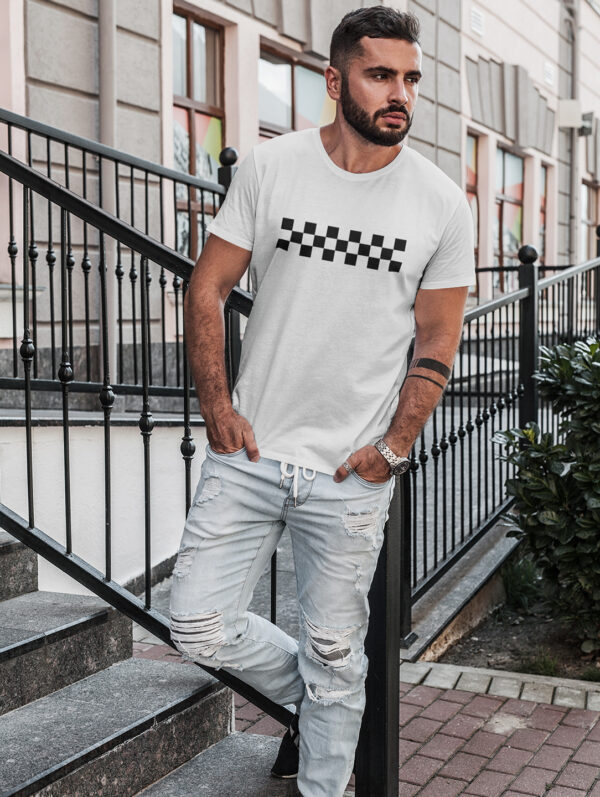 Black & White Square Pattern Men's White T-Shirt