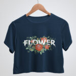 Black Crop Top T-Shirt Flower Navy Blue