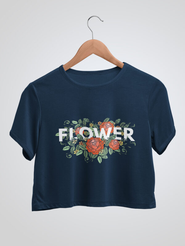 Black Crop Top T-Shirt Flower Navy Blue