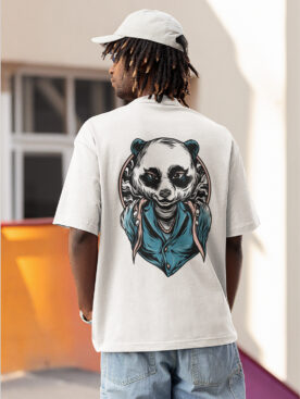 Men White Printed Round Neck Drop-Shoulder Sleeves Cotton Loose T-shirt